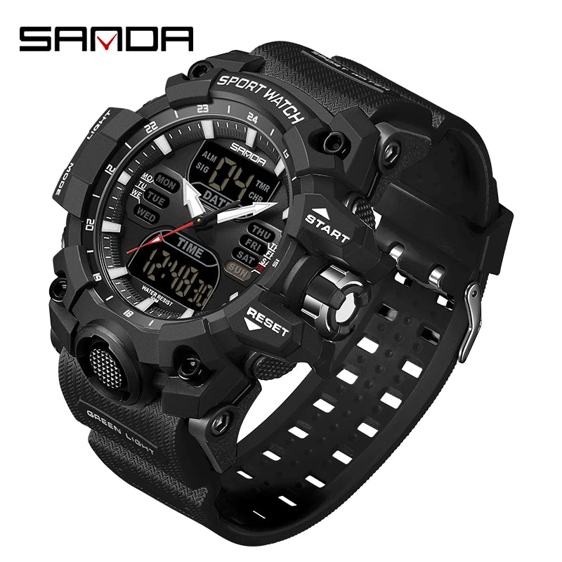 SANDA Luxury G Style Montre électronique pour hommes Sports de plein air LED Analogique Numérique Chronographe Militaire Double Affichage 50M Étanche