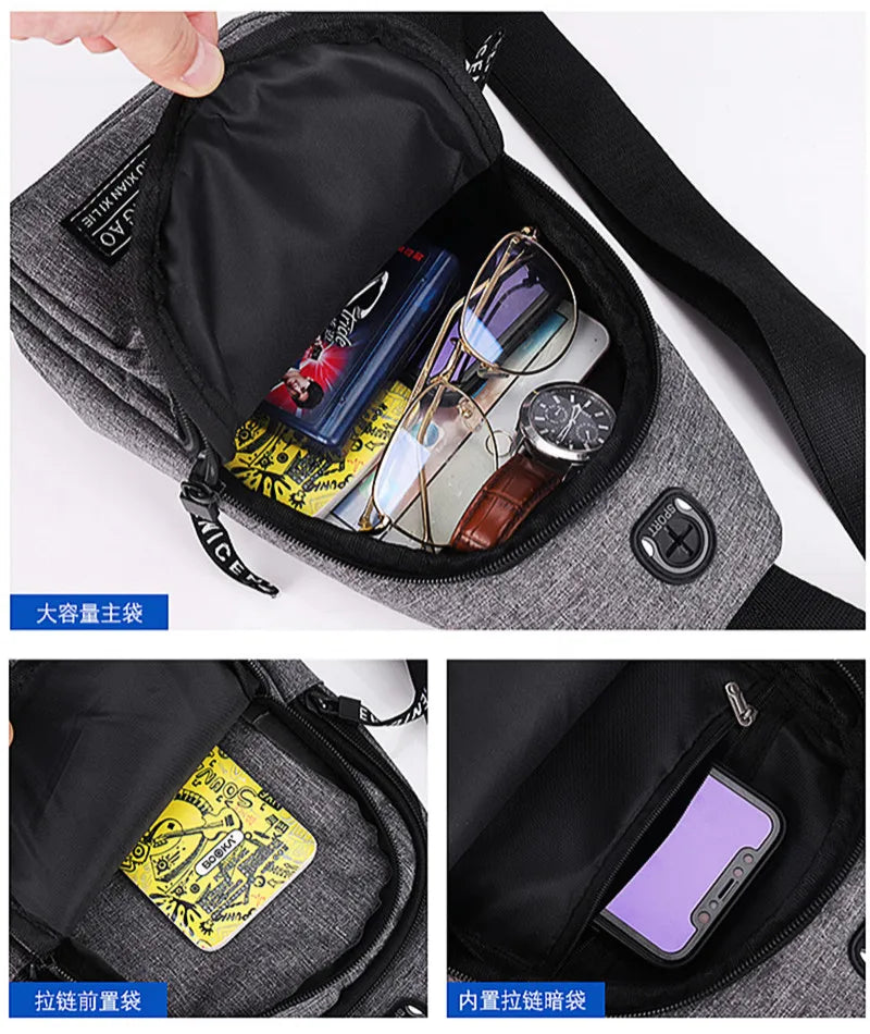 Sac pour homme Couleur unie Sac de poitrine pour hommes Extérieur Décontracté à la mode Petit sac à main en toile Zipper Messenger Sacs de mode