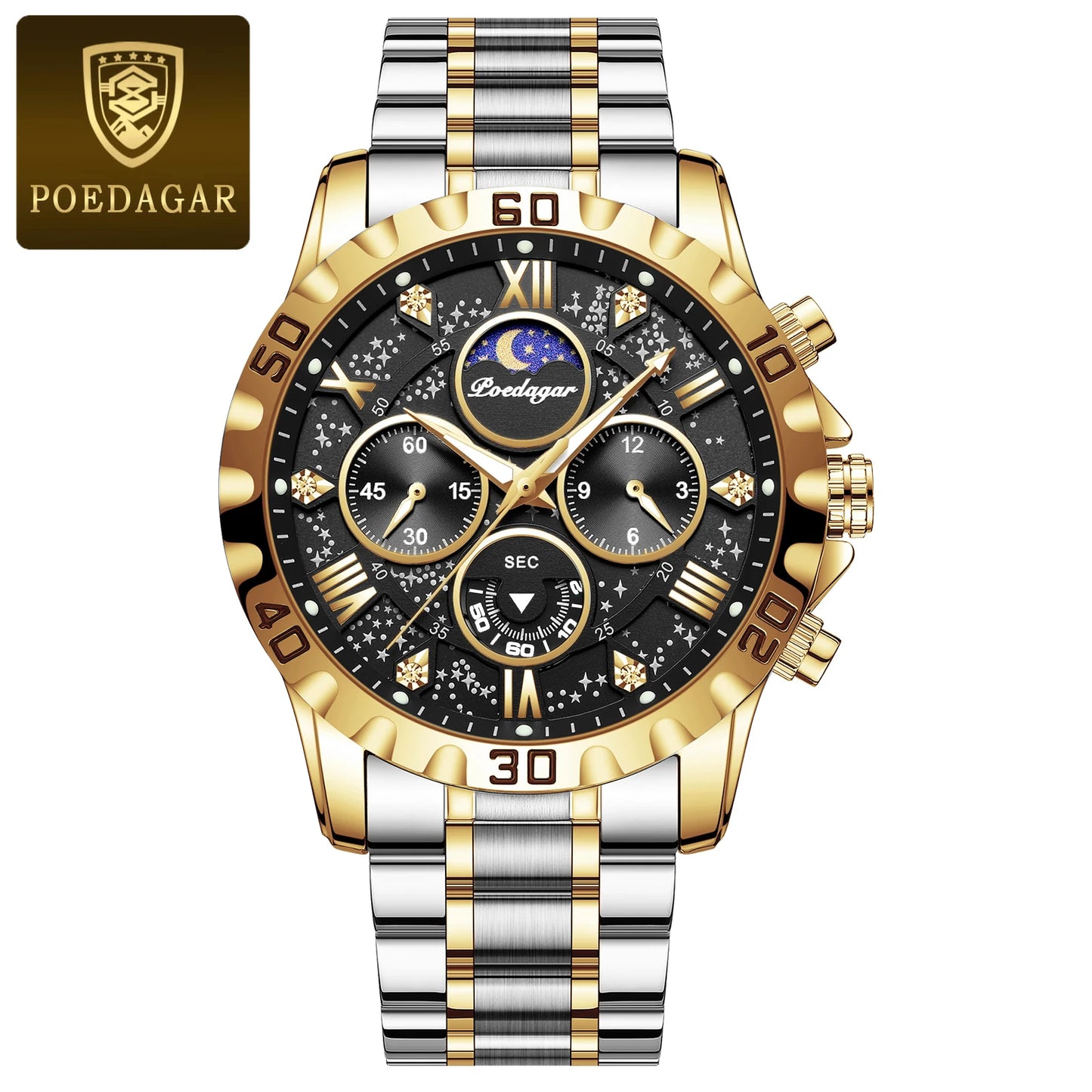 POEDAGAR Montre de luxe pour homme Quartz Sports étanche Lumineux en acier inoxydable Chronographe Hommes Montres Horloge Reloj Reloj