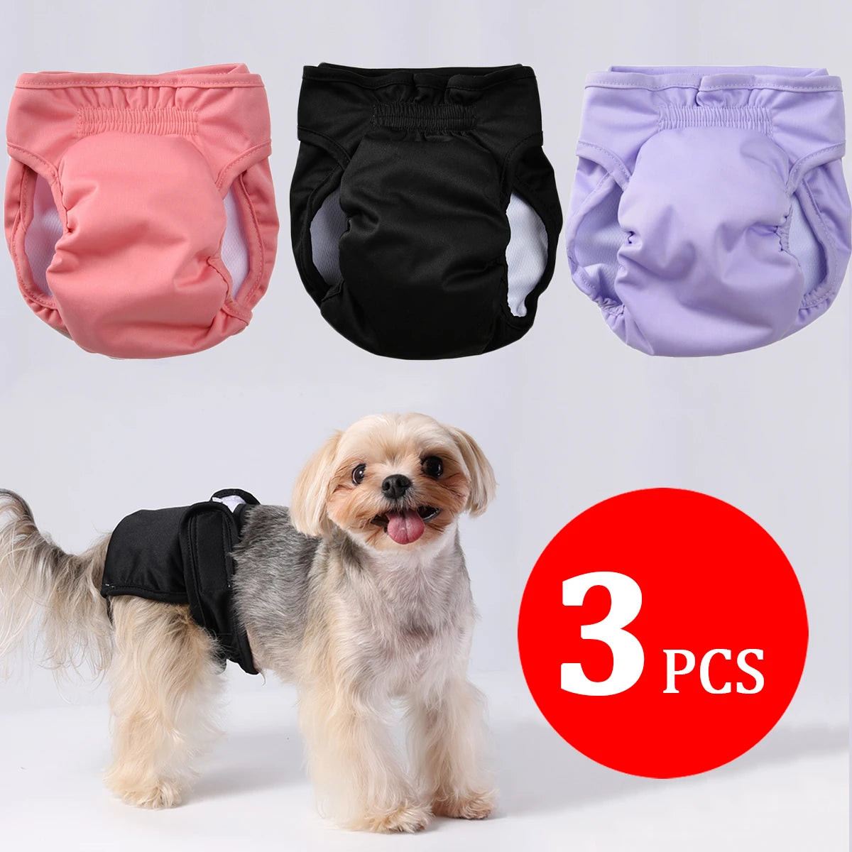 3pcs Couches pour chiens femelles lavables pour petits chiens moyens Pantalon physiologique réglable pour animaux de compagnie Ensembles de couches réutilisables étanches pour animaux de compagnie