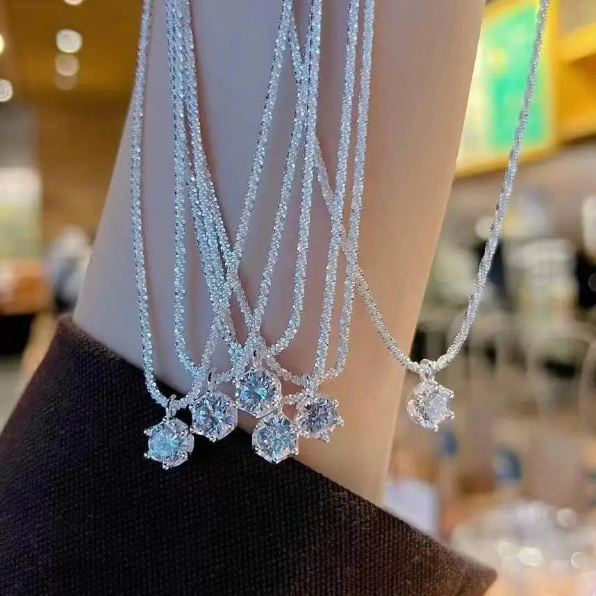 Populaire S925 Sterling Silver Sparkling Necklace for Women Light Luxury Round White Diamond Pendant Galaxy Collar Chain Jewelry