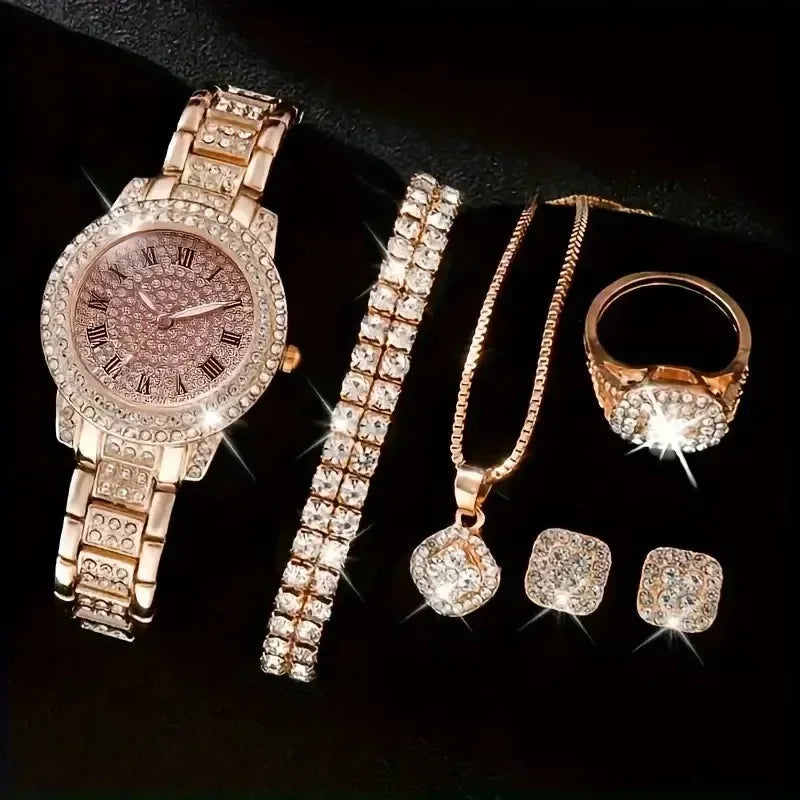 6pcs Ensemble de montres Ensemble de luxe Strass Femmes Mode Élégant Montre-bracelet Quartz Montre Pour Fille Dames Horloge Montre Femme