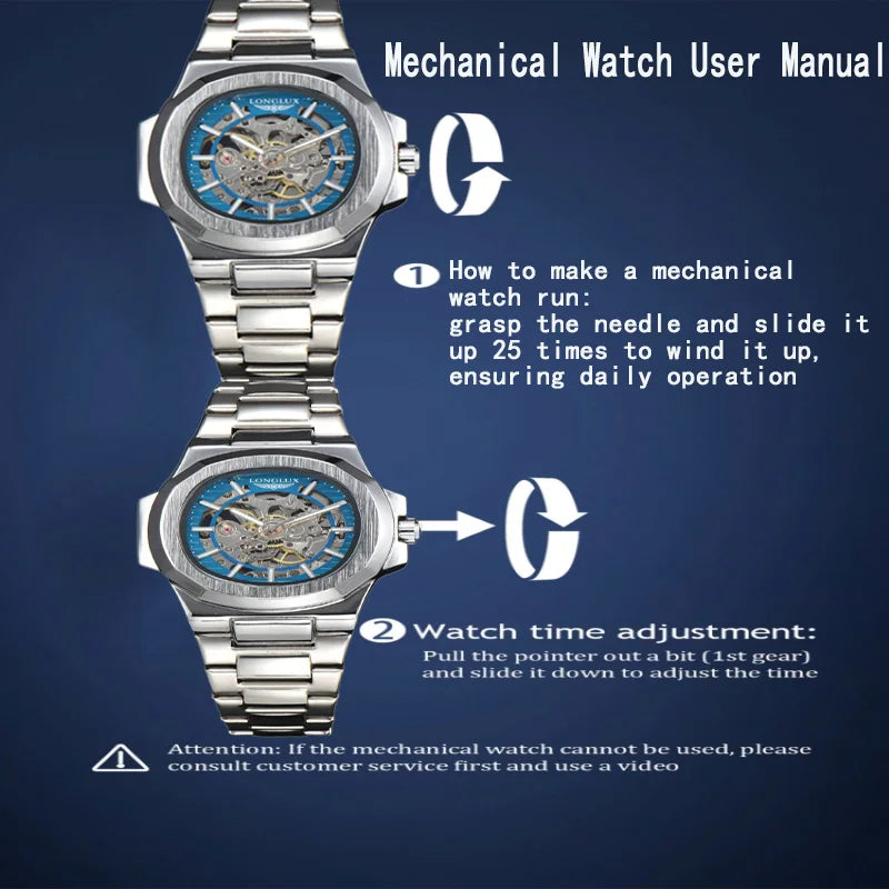 LONGLUX montre automatique pour homme luxe en gros montres-bracelets mécaniques squelette en acier inoxydable montre étanche