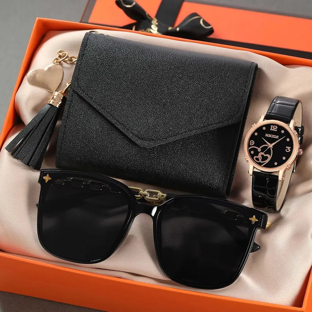 Femmes Mode Ceinture en cuir Montres & Papillon Portefeuille Lunettes Lunettes de soleil Ensemble Ladies Quartz Wristwatches Dress Clock Montre Femme