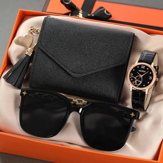 Femmes Mode Ceinture en cuir Montres & Papillon Portefeuille Lunettes Lunettes de soleil Ensemble Ladies Quartz Wristwatches Dress Clock Montre Femme