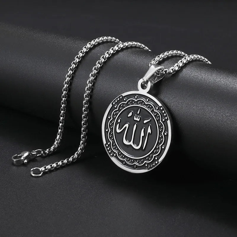Pendentif de pièce de monnaie en acier inoxydable Collier d’Allah Symboles arabes musulmans islamiques Bijoux religieux Cadeaux pour hommes Femmes