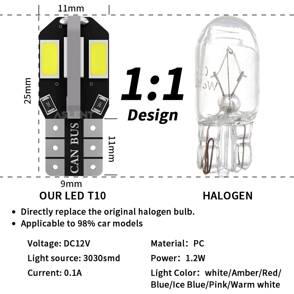 10x W5W T10 LED CANBUS Pas d'erreur 5W5 12V 5W 600Lm Super Bright Car Interior Side Light 194 3030 SMD Auto Bulb White Amber Red
