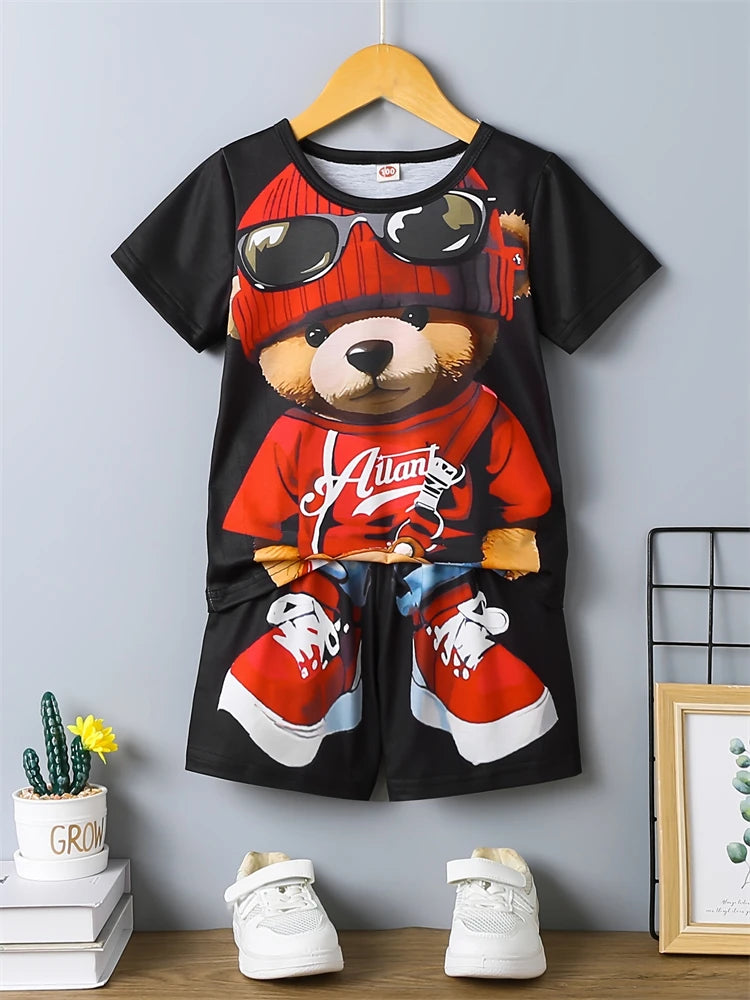 Été Quotidien Casual Hommes à manches courtes Sports de plein air Pantalon de plage pour hommes Mode Bear Print T-shirt et short pour hommes 2pcs Set