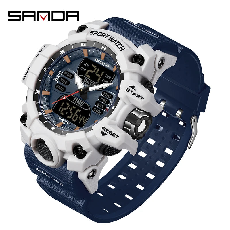 SANDA Luxury G Style Montre électronique pour hommes Sports de plein air LED Analogique Numérique Chronographe Militaire Double Affichage 50M Étanche
