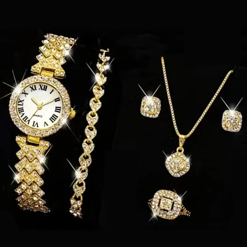 6pcs Ensemble de montres Ensemble de luxe Strass Femmes Mode Élégant Montre-bracelet Quartz Montre Pour Fille Dames Horloge Montre Femme