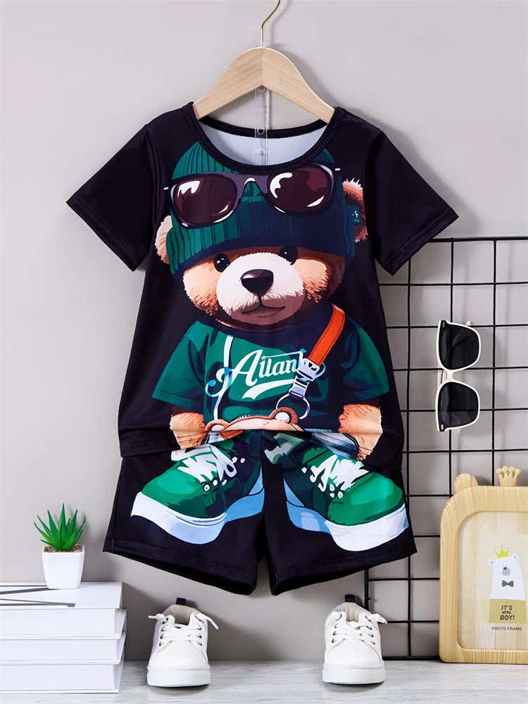 Été Quotidien Casual Hommes à manches courtes Sports de plein air Pantalon de plage pour hommes Mode Bear Print T-shirt et short pour hommes 2pcs Set