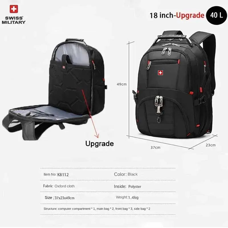 SWISS 17 » Sac à dos pour ordinateur portable Port de charge USB étanche Sac à dos multifonctionnel de style suisse Sac d’école Mochila Sac de voyage de randonnée