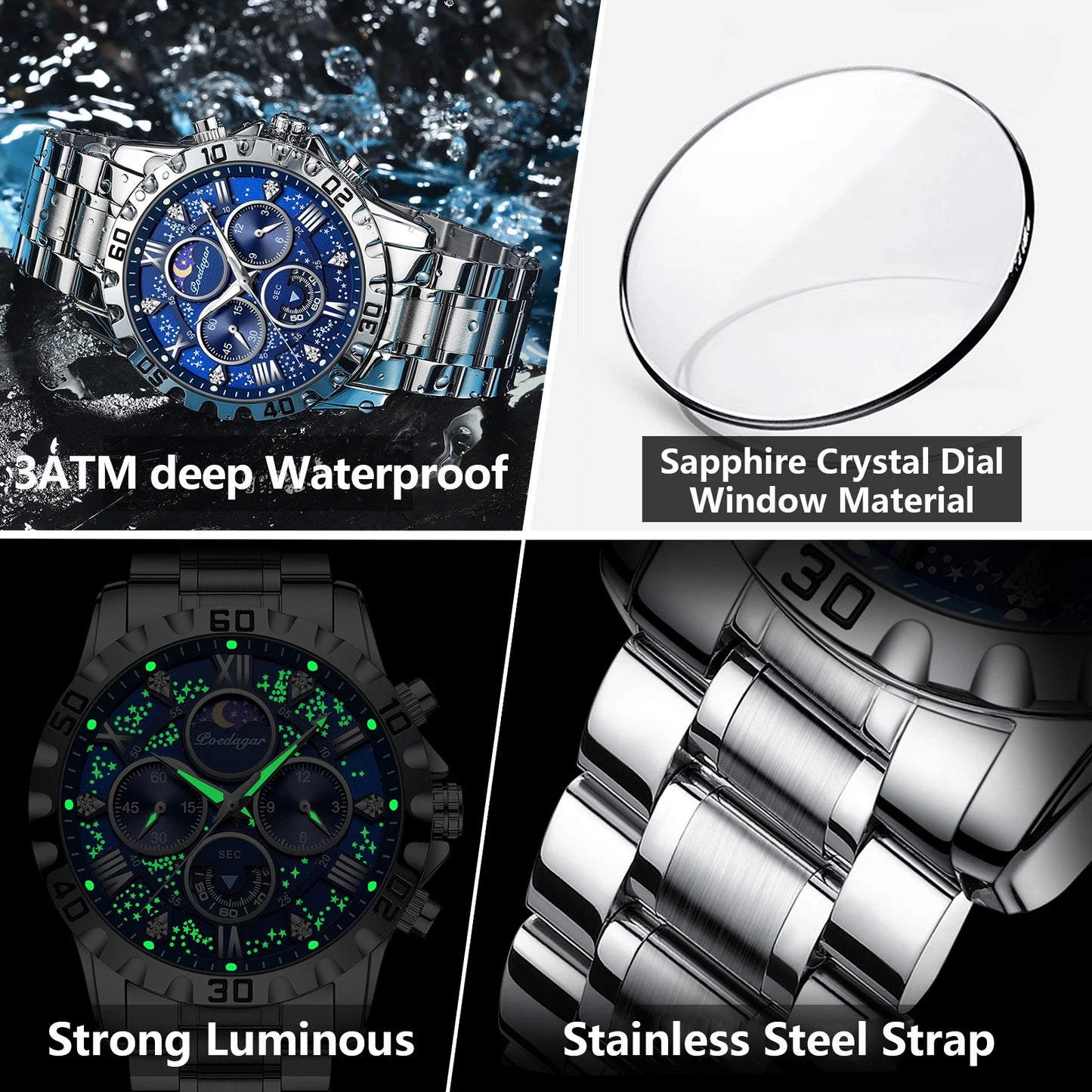 POEDAGAR Montre de luxe pour homme Quartz Sports étanche Lumineux en acier inoxydable Chronographe Hommes Montres Horloge Reloj Reloj