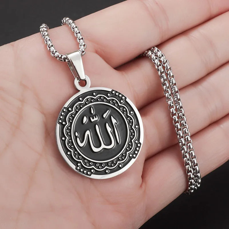 Pendentif de pièce de monnaie en acier inoxydable Collier d’Allah Symboles arabes musulmans islamiques Bijoux religieux Cadeaux pour hommes Femmes