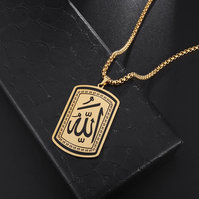 Collier islamique en acier inoxydable pour hommes Mode exquise Allah Tag Pendentif rectangulaire Collier Amulette Cadeau musulman