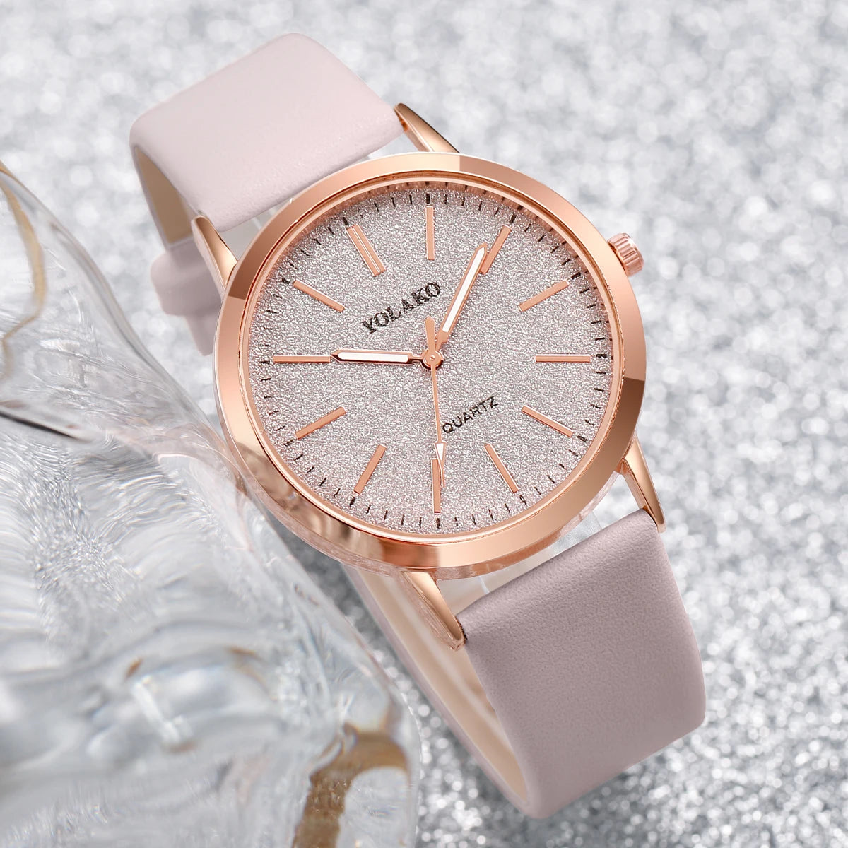 6pcs/set Montre à quartz à bracelet en cuir pour femmes et ensemble de bijoux de couleur or rose cœur amoureux