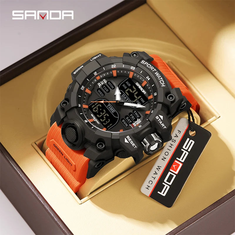 SANDA Luxury G Style Montre électronique pour hommes Sports de plein air LED Analogique Numérique Chronographe Militaire Double Affichage 50M Étanche