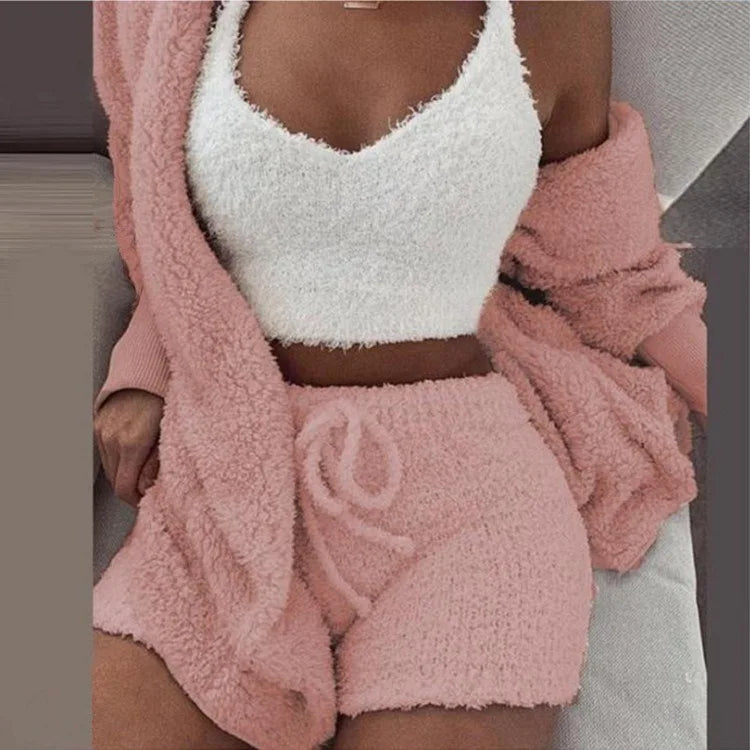 Ensemble de pyjamas moelleux pour femmes Vêtements de nuit décontractés Débardeur et shorts Grande taille Sweat à capuche Loisirs Homsuit Hiver 3 Pièces Pijamas