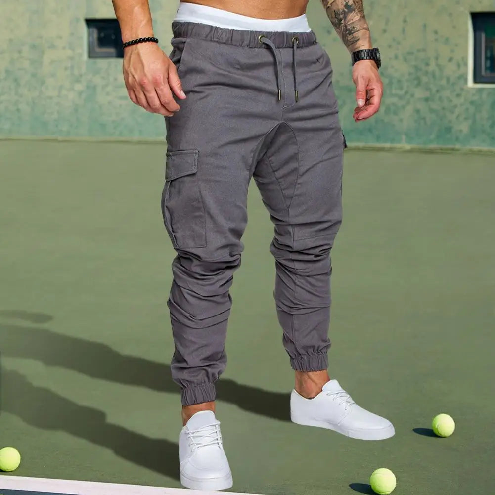 Pantalon en coton pour hommes Pantalon cargo à bande de cheville pour hommes avec cordon de serrage à la taille Poches multiples pour l’entraînement en salle de sport en plein air pour le confort