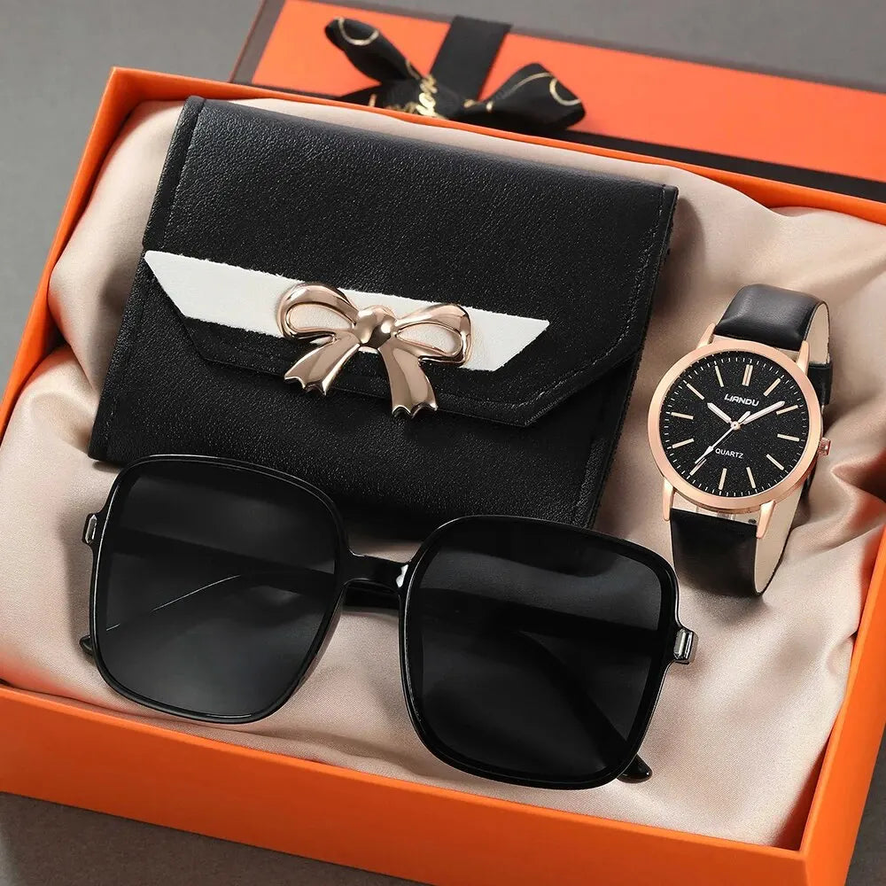 3PCS Ensemble Femmes Casual Montres En Cuir Quartz Montres-Bracelets Et Dames Coeur Bow Portefeuille Lunettes Lunettes De Soleil Horloge Montre Femme