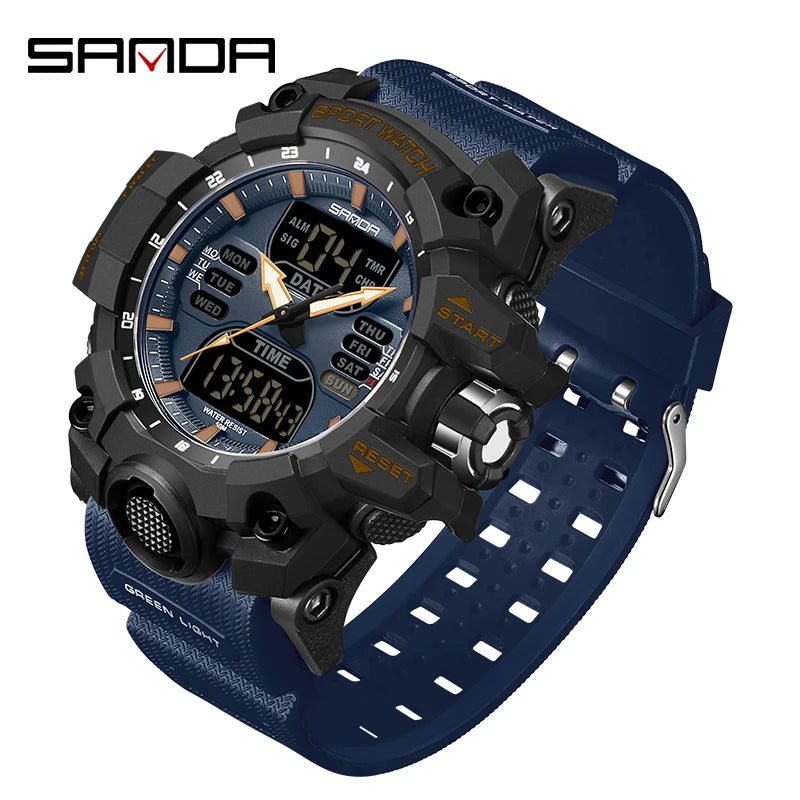 SANDA Luxury G Style Montre électronique pour hommes Sports de plein air LED Analogique Numérique Chronographe Militaire Double Affichage 50M Étanche