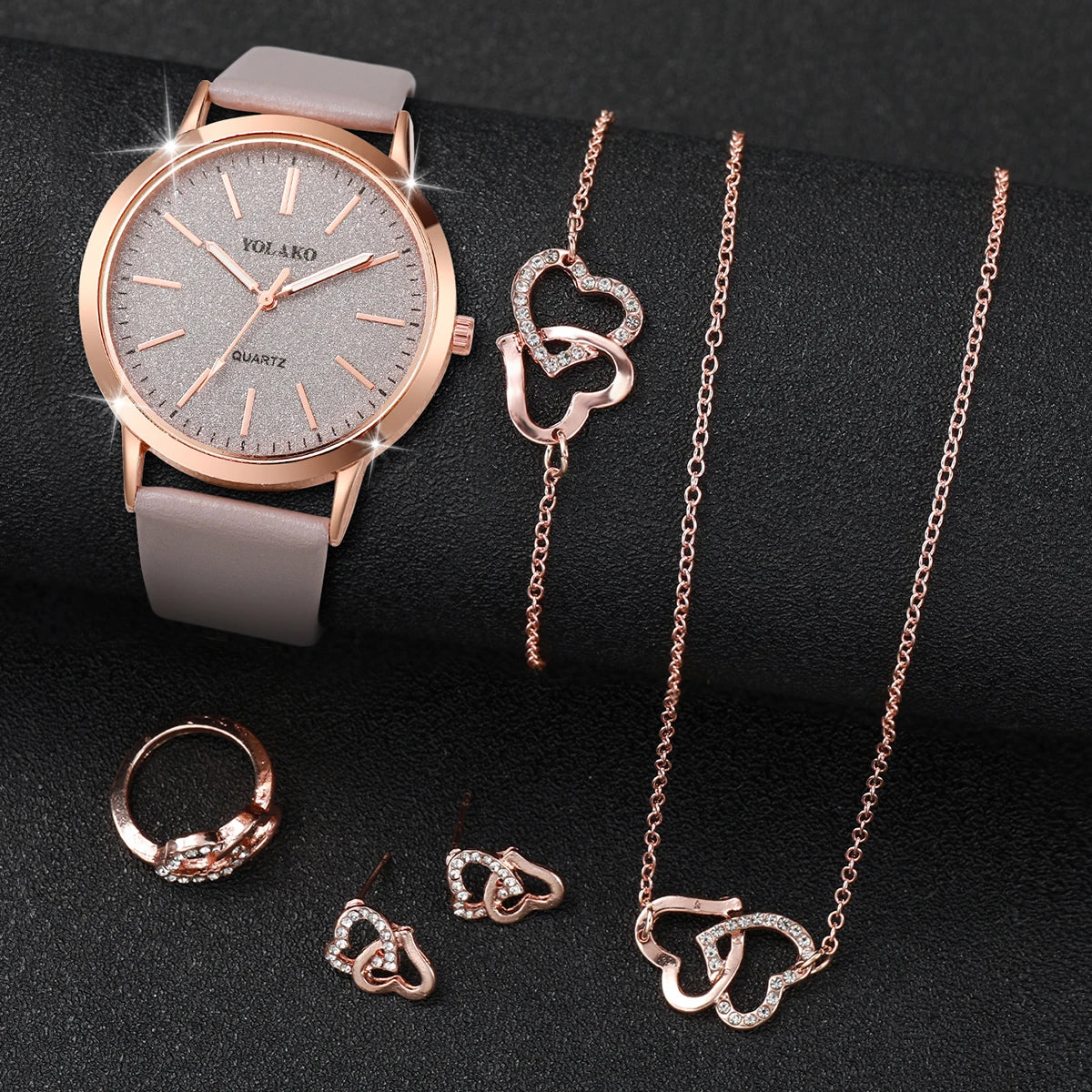 6pcs/set Montre à quartz à bracelet en cuir pour femmes et ensemble de bijoux de couleur or rose cœur amoureux