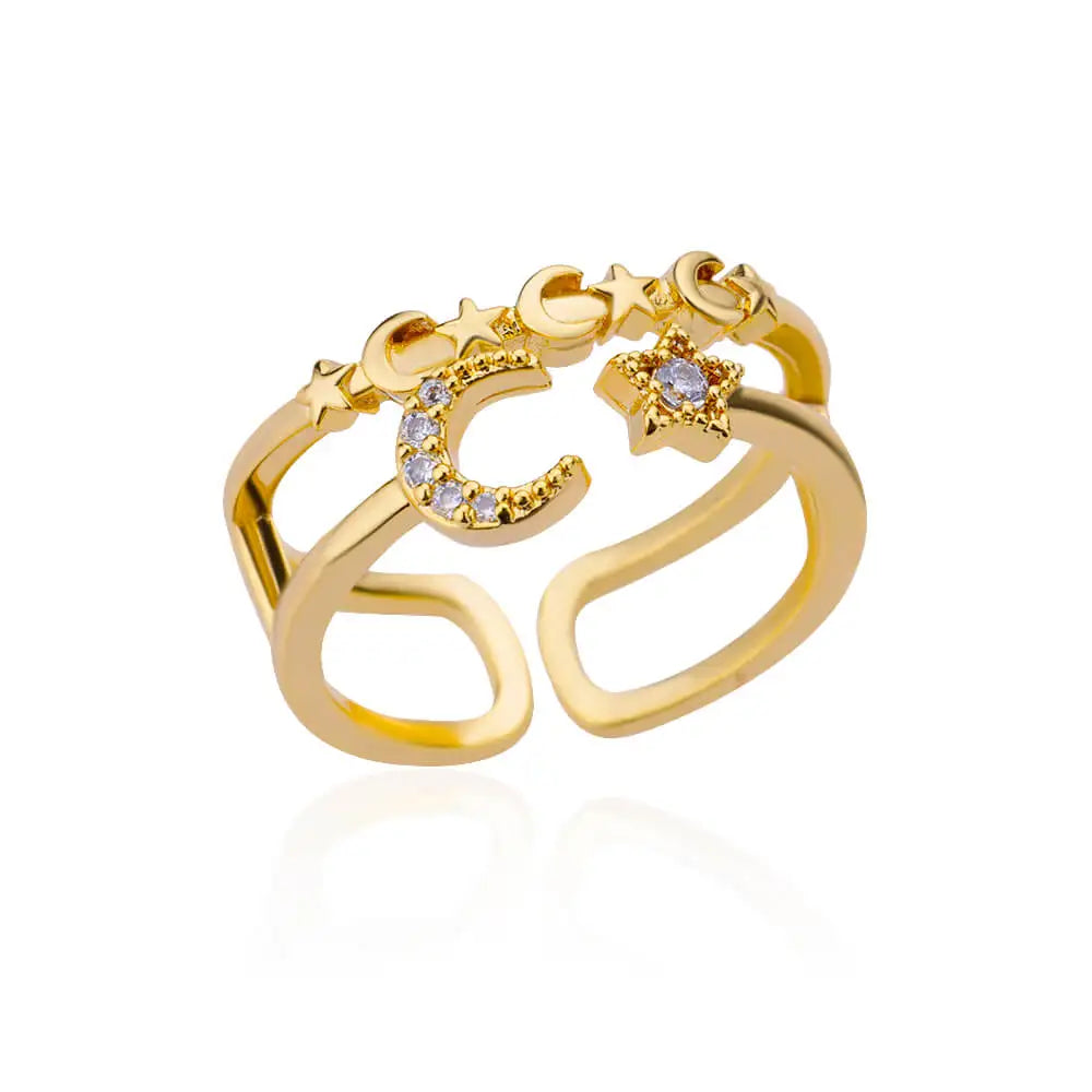 Zircon Double Layer Open Rings For Women Gold Color Adjustable Stainless Steel Ring Wedding Aesthetic Jewelry Gift Bijoux Femme