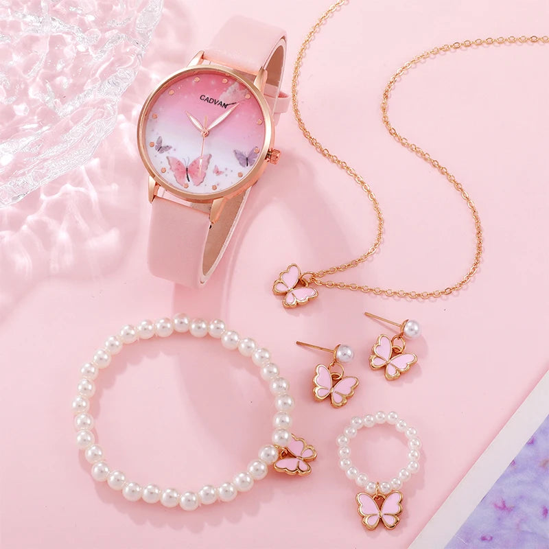 6PCS Set Femmes Mode Quartz Montre Femme Horloge Rose Papillon Cadran Luxe Marque Design Dames Cuir Montre-Bracelet Montre Femme