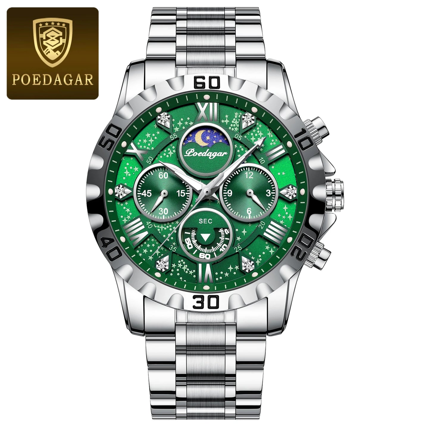 POEDAGAR Montre de luxe pour homme Quartz Sports étanche Lumineux en acier inoxydable Chronographe Hommes Montres Horloge Reloj Reloj