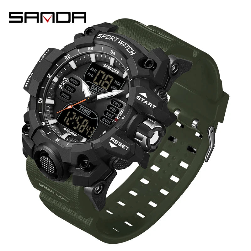SANDA Luxury G Style Montre électronique pour hommes Sports de plein air LED Analogique Numérique Chronographe Militaire Double Affichage 50M Étanche