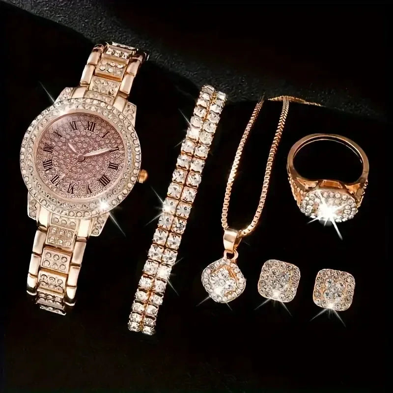 6pcs Ensemble de montres Ensemble de luxe Strass Femmes Mode Élégant Montre-bracelet Quartz Montre Pour Fille Dames Horloge Montre Femme