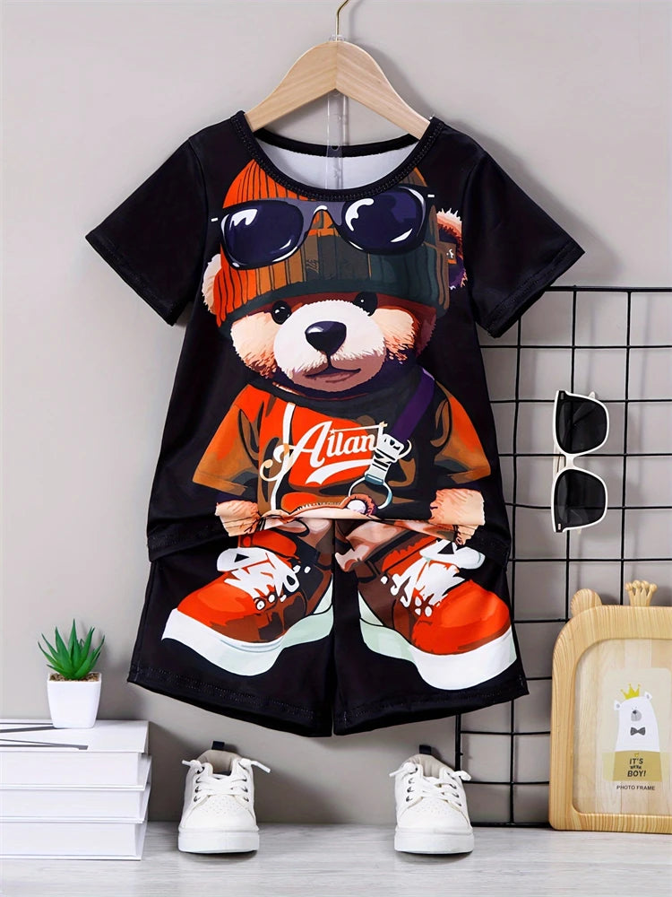 Été Quotidien Casual Hommes à manches courtes Sports de plein air Pantalon de plage pour hommes Mode Bear Print T-shirt et short pour hommes 2pcs Set