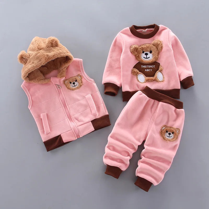 Automne Hiver Bébé Garçons Fille Vêtements Ensembles Épais Polaire Dessin Animé Ours Veste Gilet Pantalon 3Pcs Coton Sport Costume Tenues Chaudes