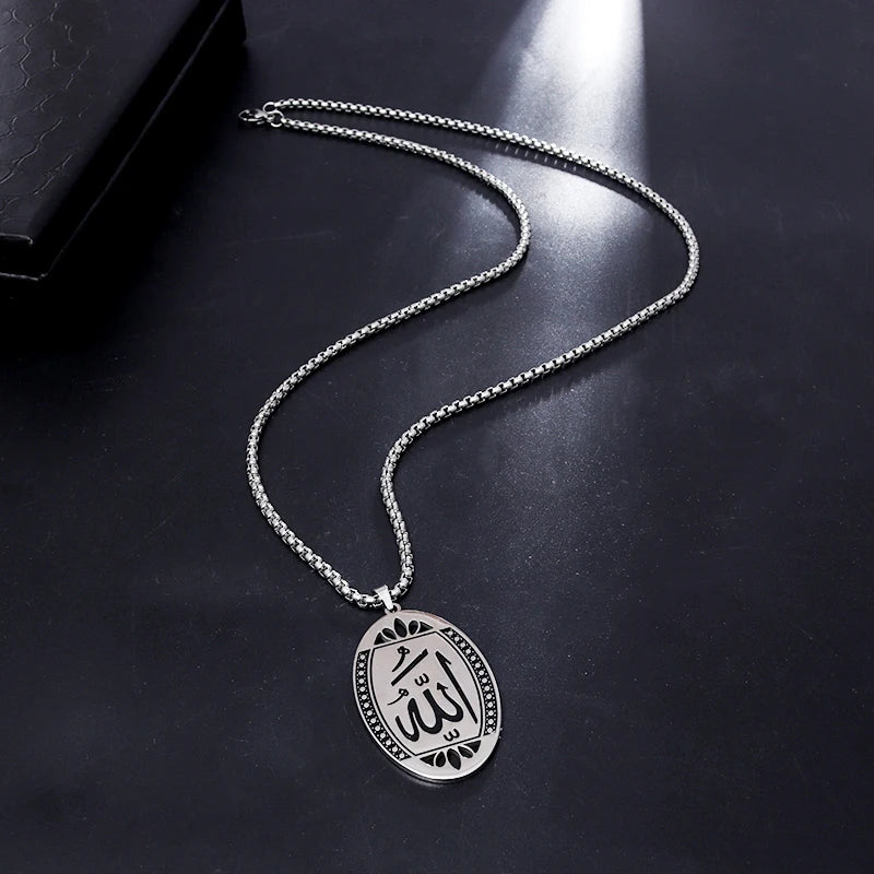 Collier islamique en acier inoxydable pour hommes Mode exquise Allah Tag Pendentif rectangulaire Collier Amulette Cadeau musulman