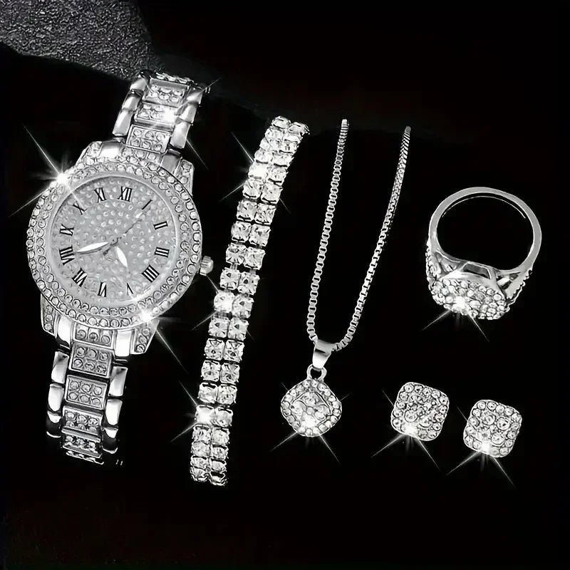 6pcs Ensemble de montres Ensemble de luxe Strass Femmes Mode Élégant Montre-bracelet Quartz Montre Pour Fille Dames Horloge Montre Femme