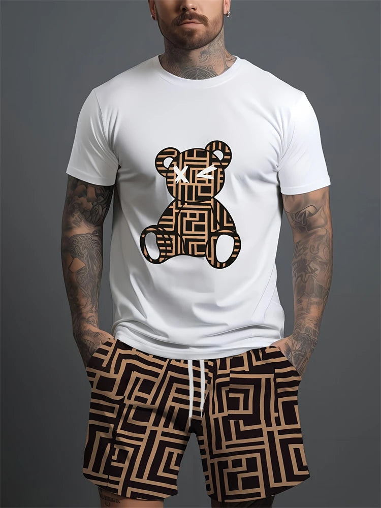 Été Quotidien Casual Hommes à manches courtes Sports de plein air Pantalon de plage pour hommes Mode Bear Print T-shirt et short pour hommes 2pcs Set