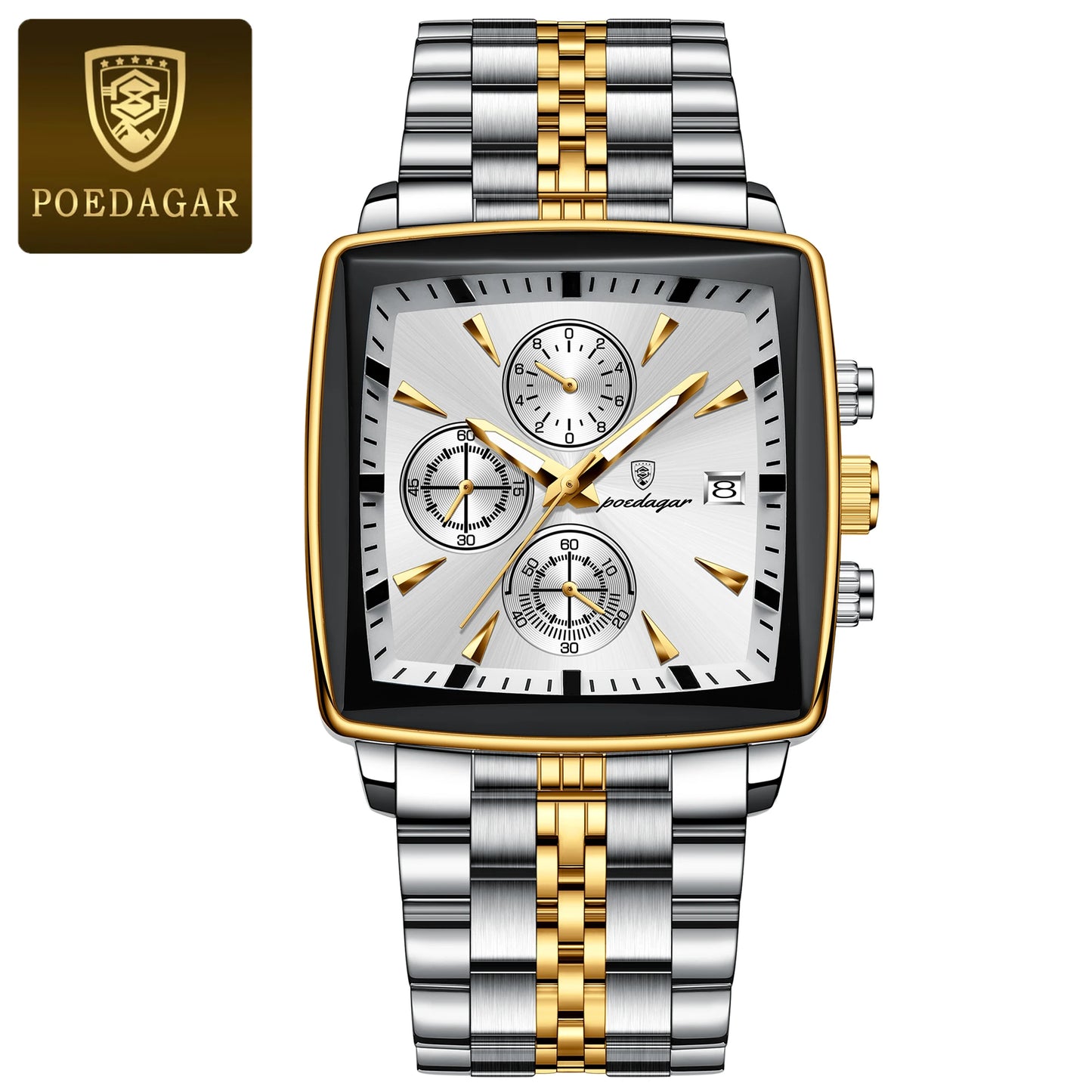POEDAGAR Business Men Clock Waterproof Luminous Calendar Chronograph Square Man Watch Stainless Steel Quartz Men’s Watches Reloj