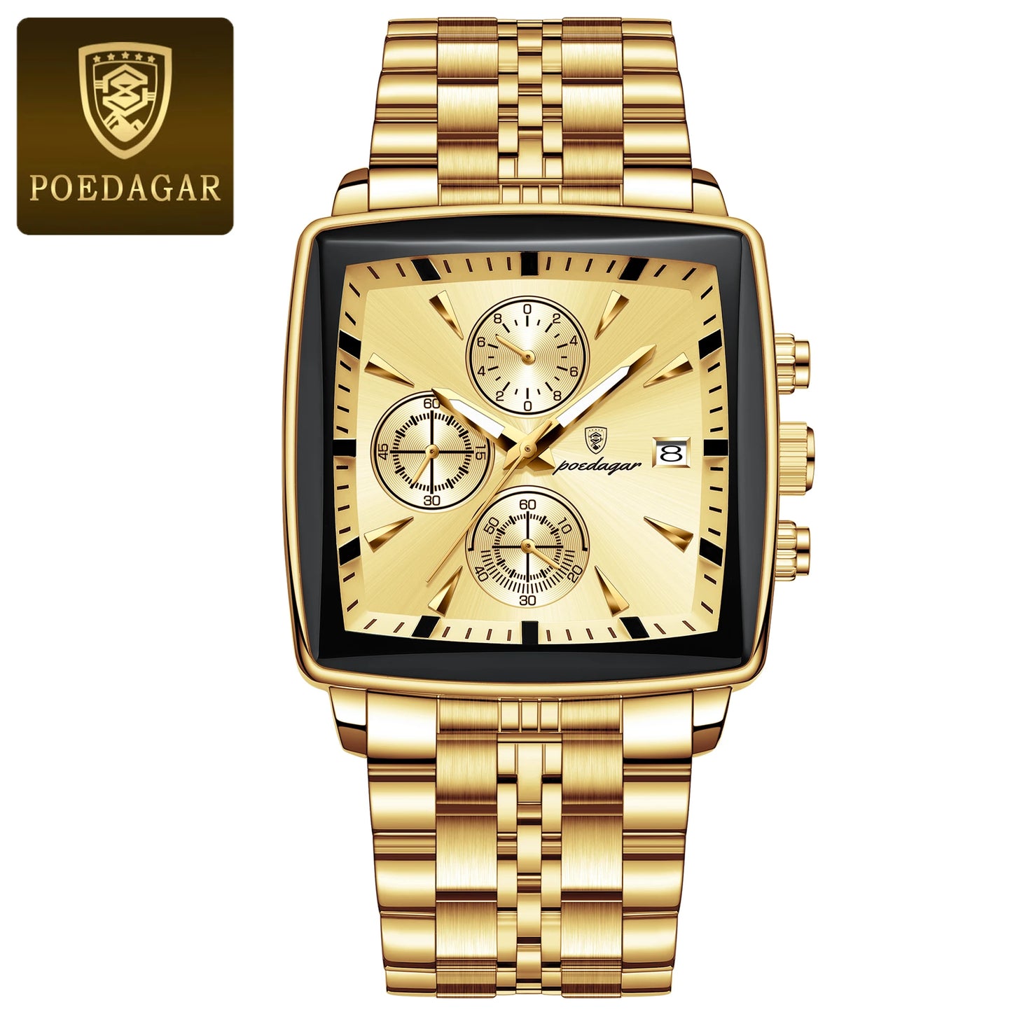 POEDAGAR Business Men Clock Waterproof Luminous Calendar Chronograph Square Man Watch Stainless Steel Quartz Men’s Watches Reloj