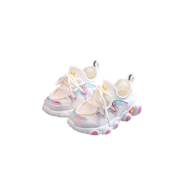 2025 Baskets respirantes pour tout-petits garçon Tissu extensible Chaussures de course pour bébé à la mode Chaussures de sport pour filles d’école roses D07083