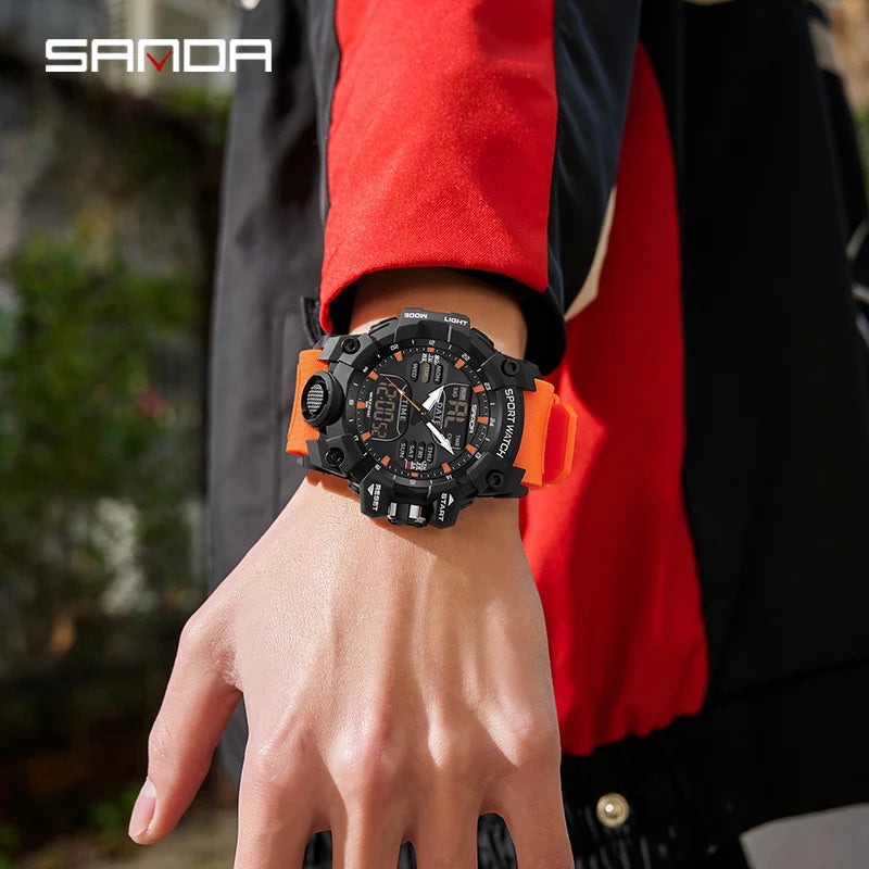 SANDA Luxury G Style Montre électronique pour hommes Sports de plein air LED Analogique Numérique Chronographe Militaire Double Affichage 50M Étanche