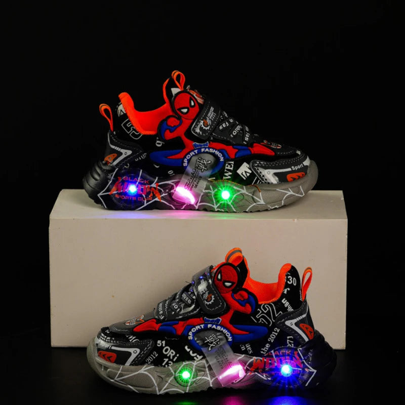 Disney LED Casual Sneakers Rouge Noir Pour Le Printemps Garçons Spiderman Chaussures d’Extérieur Enfants Éclairé Chaussures Antidérapantes Taille 21-30