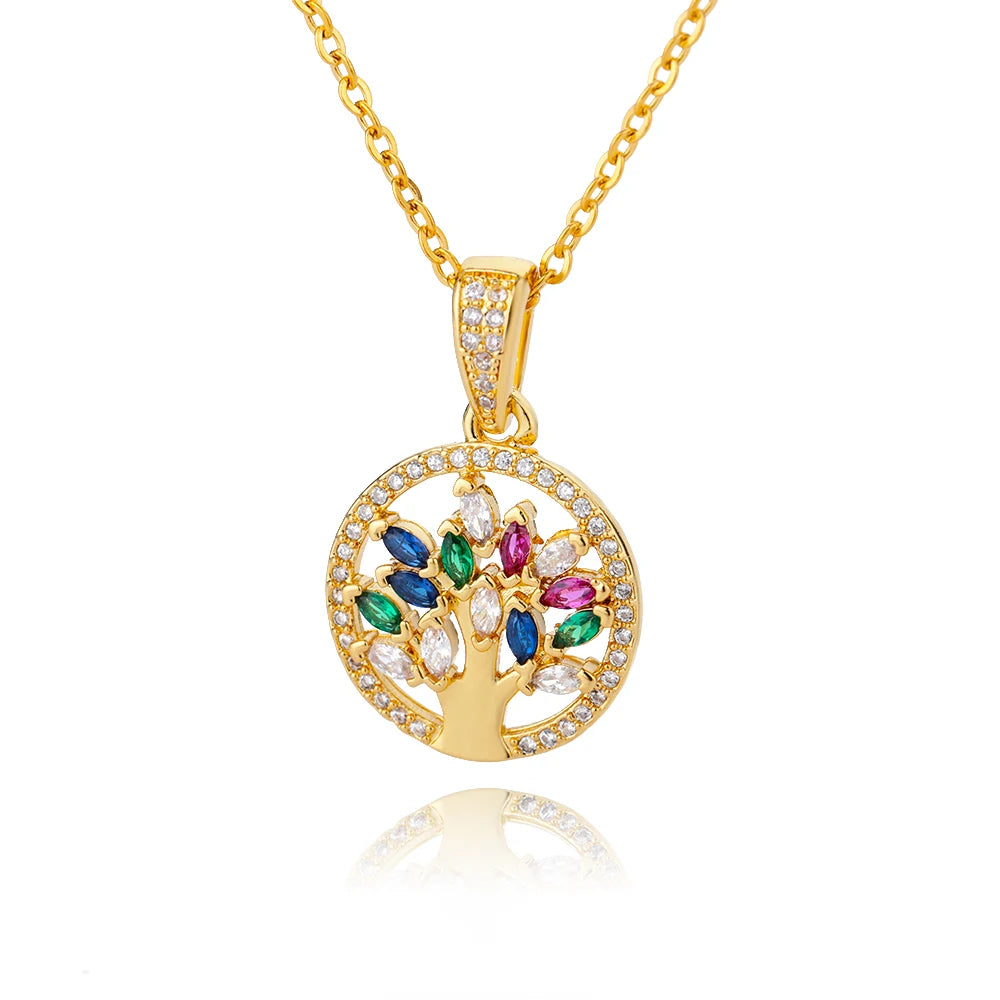 Zircon Arbre de vie Colliers pendentifs ronds pour femmes Chaîne en acier inoxydable Tour de cou Collier strass Bijoux Cadeau Femme