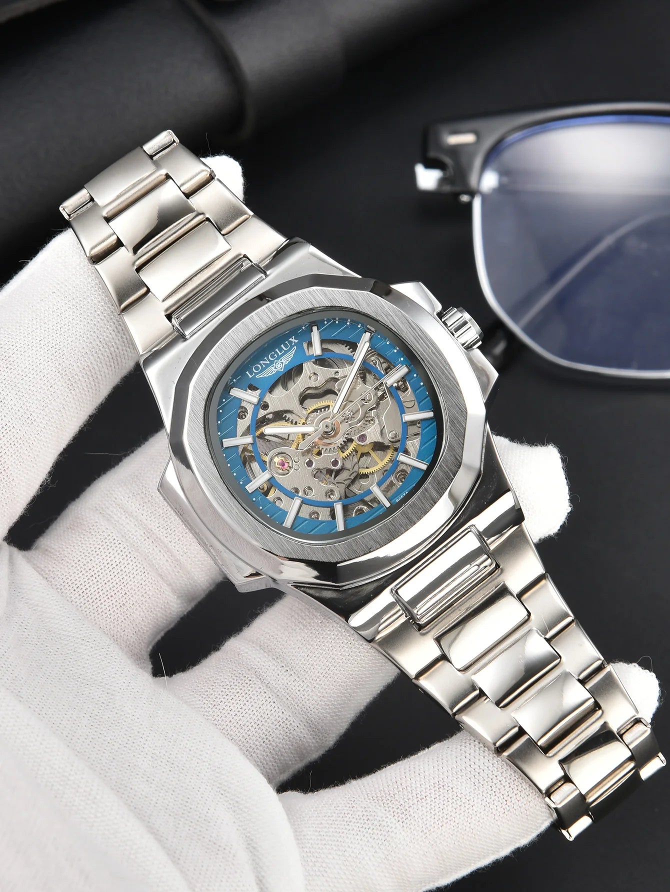 LONGLUX montre automatique pour homme luxe en gros montres-bracelets mécaniques squelette en acier inoxydable montre étanche