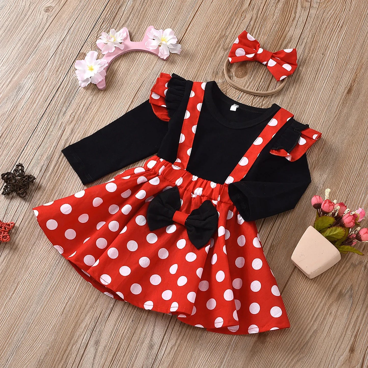 1-5 ans Tenue pour enfants Ensemble de vêtements pour bébés Fille Costume d’anniversaire d’été Enfants À pois Tops Jupe Minnie Robe Cosplay avec bandeau
