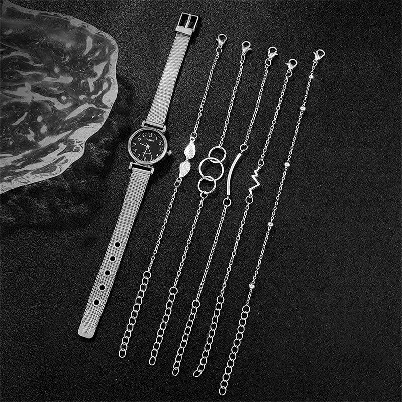 6PCS Ensemble Femmes Montres Mode Dames Quartz Montre Bracelet Ensemble Argenté Mesh Luxe Femmes Montres Robe Horloge Montre Femme
