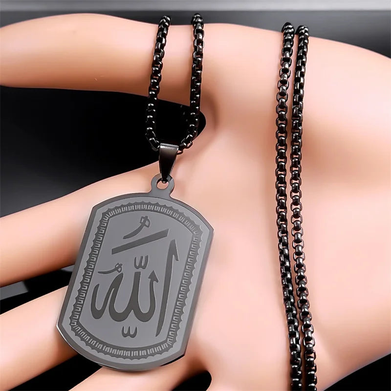 Islamique Arabe Allah Bénédiction Dieu Pendentif Colliers pour Hommes/Femmes Acier Inoxydable Couleur Noire Arabe Islam Chaîne Collier Bijoux