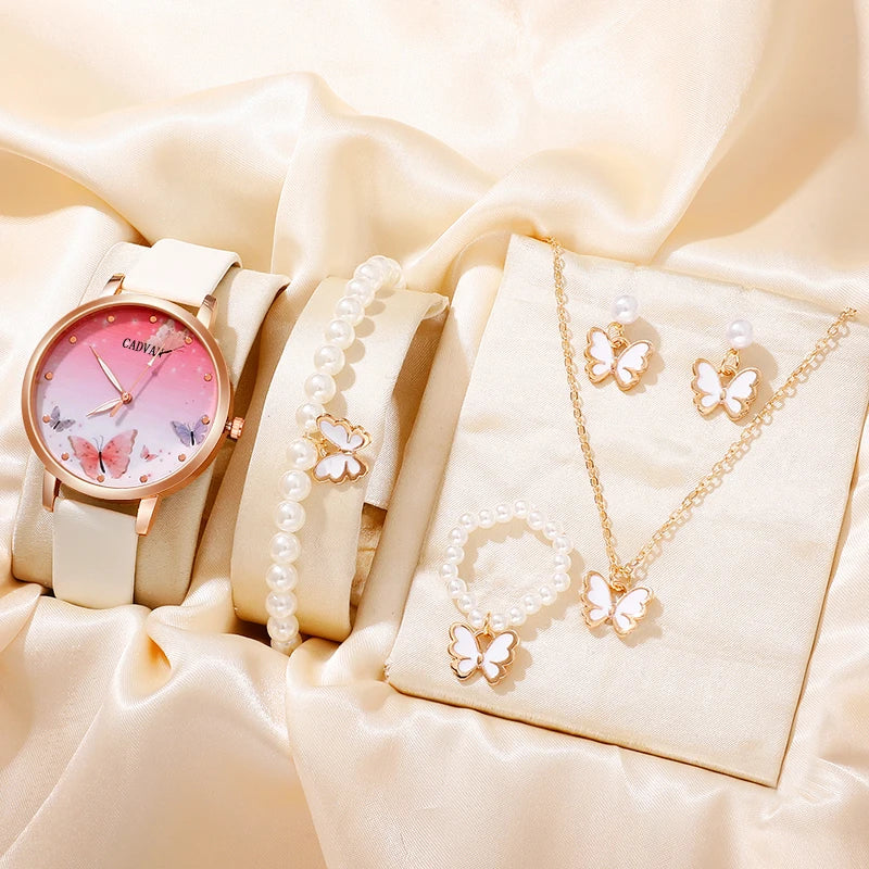 6PCS Set Femmes Mode Quartz Montre Femme Horloge Rose Papillon Cadran Luxe Marque Design Dames Cuir Montre-Bracelet Montre Femme