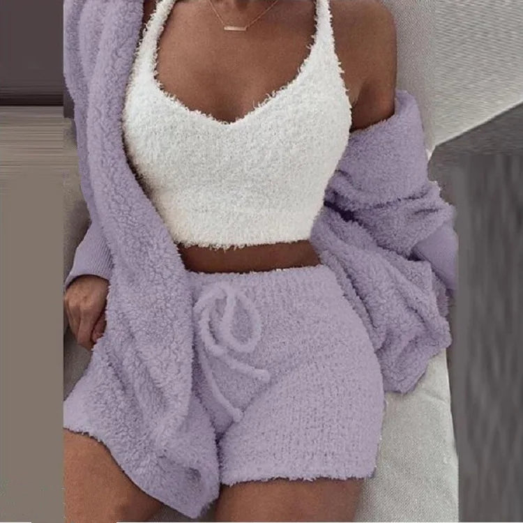 Ensemble de pyjamas moelleux pour femmes Vêtements de nuit décontractés Débardeur et shorts Grande taille Sweat à capuche Loisirs Homsuit Hiver 3 Pièces Pijamas