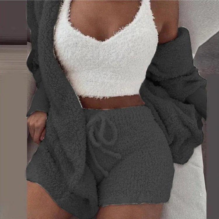 Ensemble de pyjamas moelleux pour femmes Vêtements de nuit décontractés Débardeur et shorts Grande taille Sweat à capuche Loisirs Homsuit Hiver 3 Pièces Pijamas