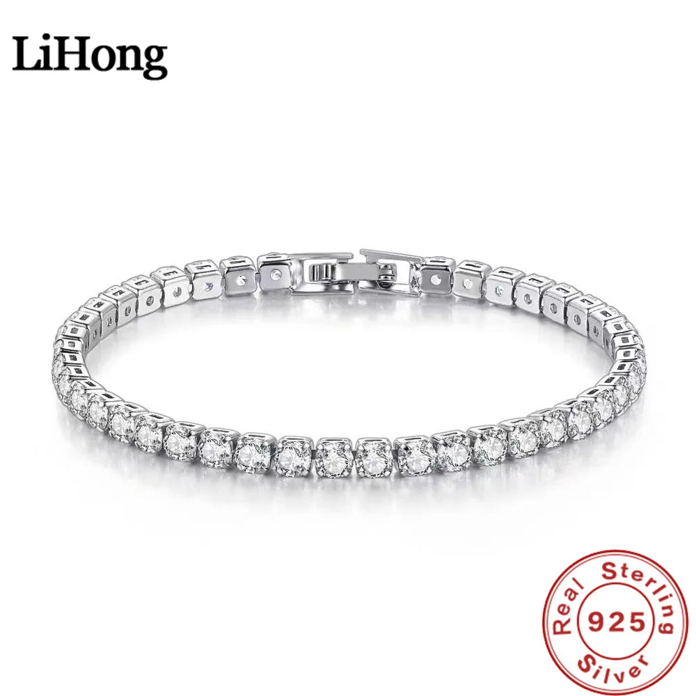Lihong S925 Bracelet en argent sterling Zircone Tennis Ball Femmes Mode Simple Engagement Mariage Charme Bijoux 4mm 16-20cm